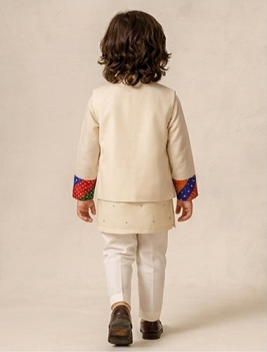 Pre Order: Mirror Embroidered Bandhej Detailed Kurta With Front Open Mirror Work Jacket And Pyjama