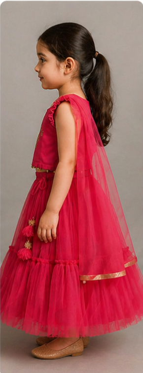 Pre Order: Animal Motif Embroidered Top And Net Lehenga With Matching Dupatta