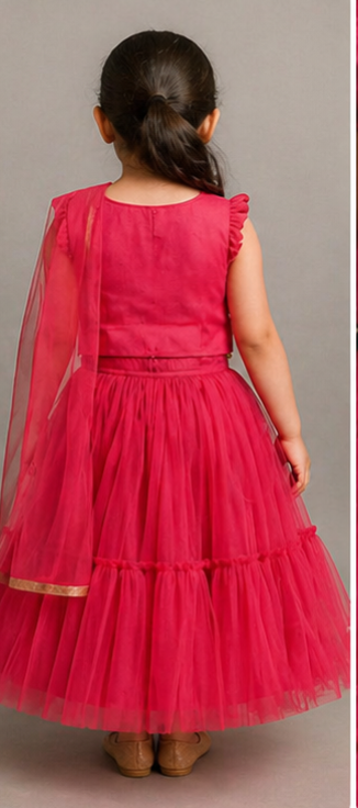 Pre Order: Animal Motif Embroidered Top And Net Lehenga With Matching Dupatta