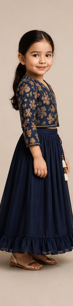 Pre Order: Front-Open Thread Embroidered Top And Pleated Lehenga
