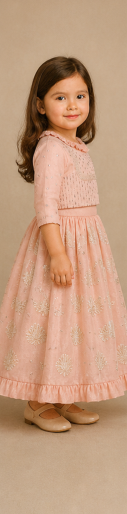 Pre Order: Frill-Enhanced Neckline Embroidered Top With Lehenga And Net Dupatta