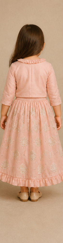 Pre Order: Frill-Enhanced Neckline Embroidered Top With Lehenga And Net Dupatta