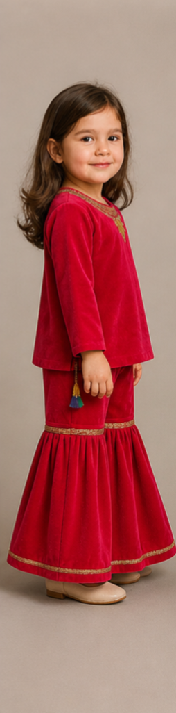 Pre Order:Contrasting Fringes Detailed Velvet Top With Sharara