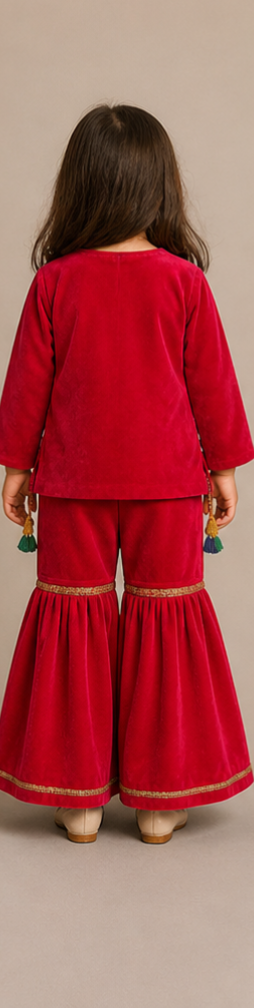 Pre Order:Contrasting Fringes Detailed Velvet Top With Sharara