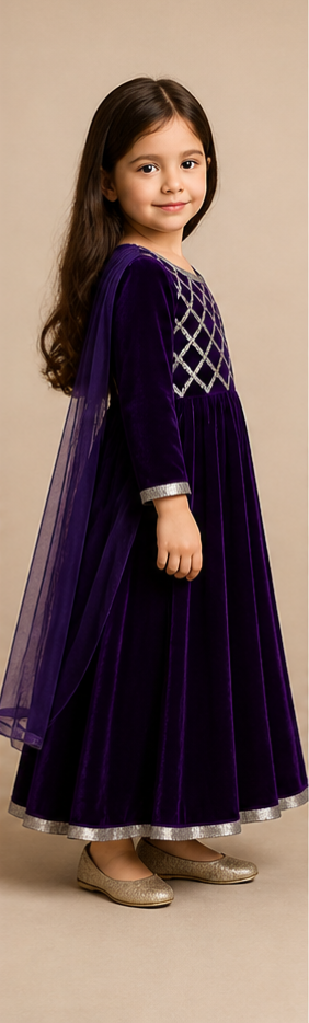 Pre Order: Deep Purple Velvet Anarkali Set