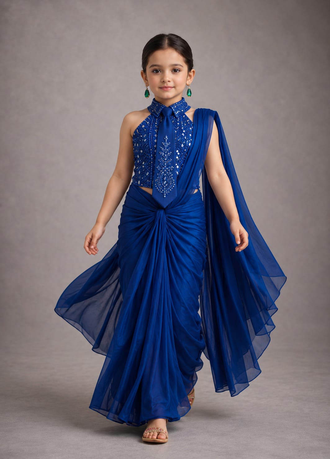 Pre Order: Royal Blue Tie-Neck Draped Saree