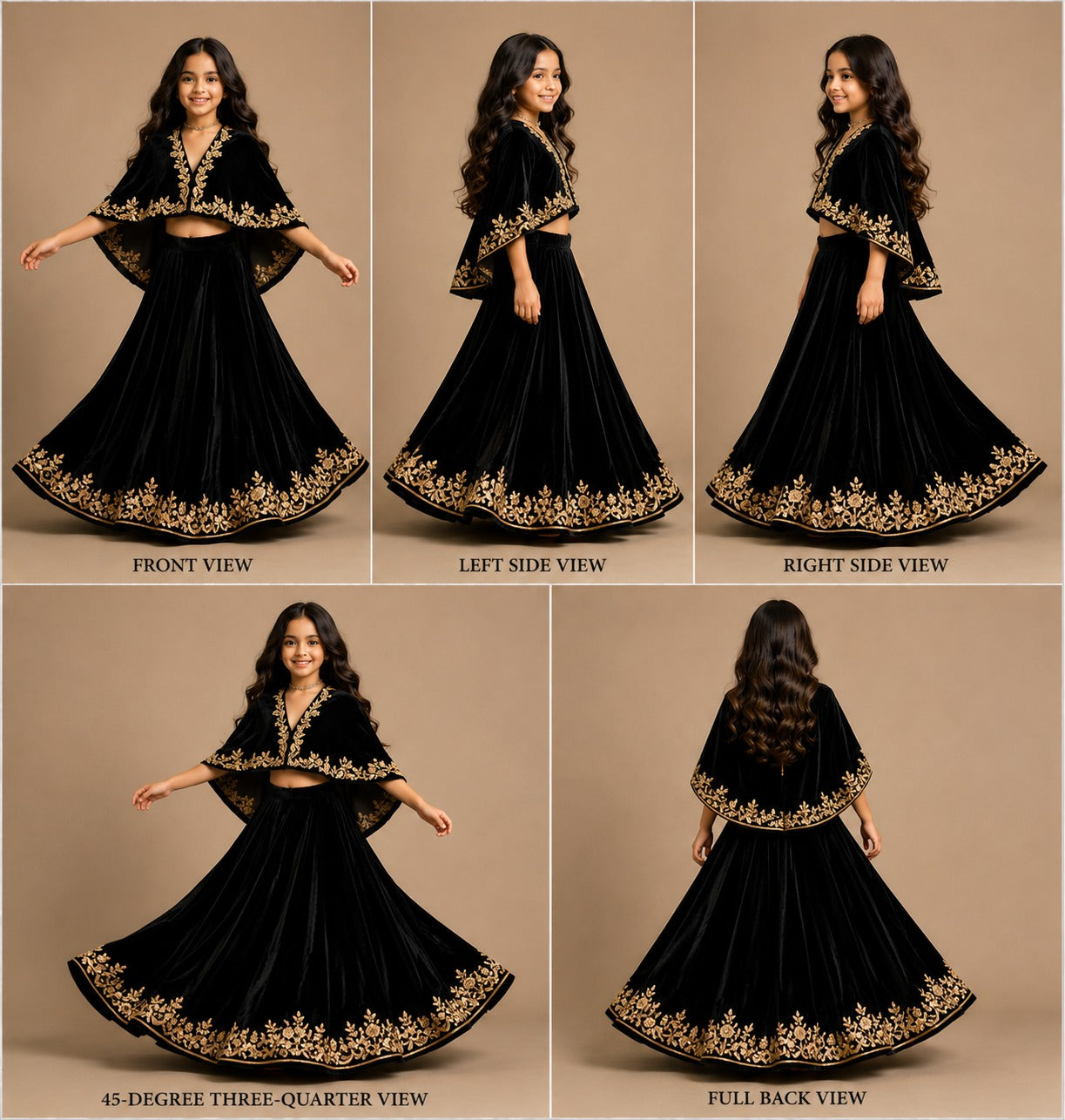 Pre Order: Black Velvet Cape With Lehenga Set