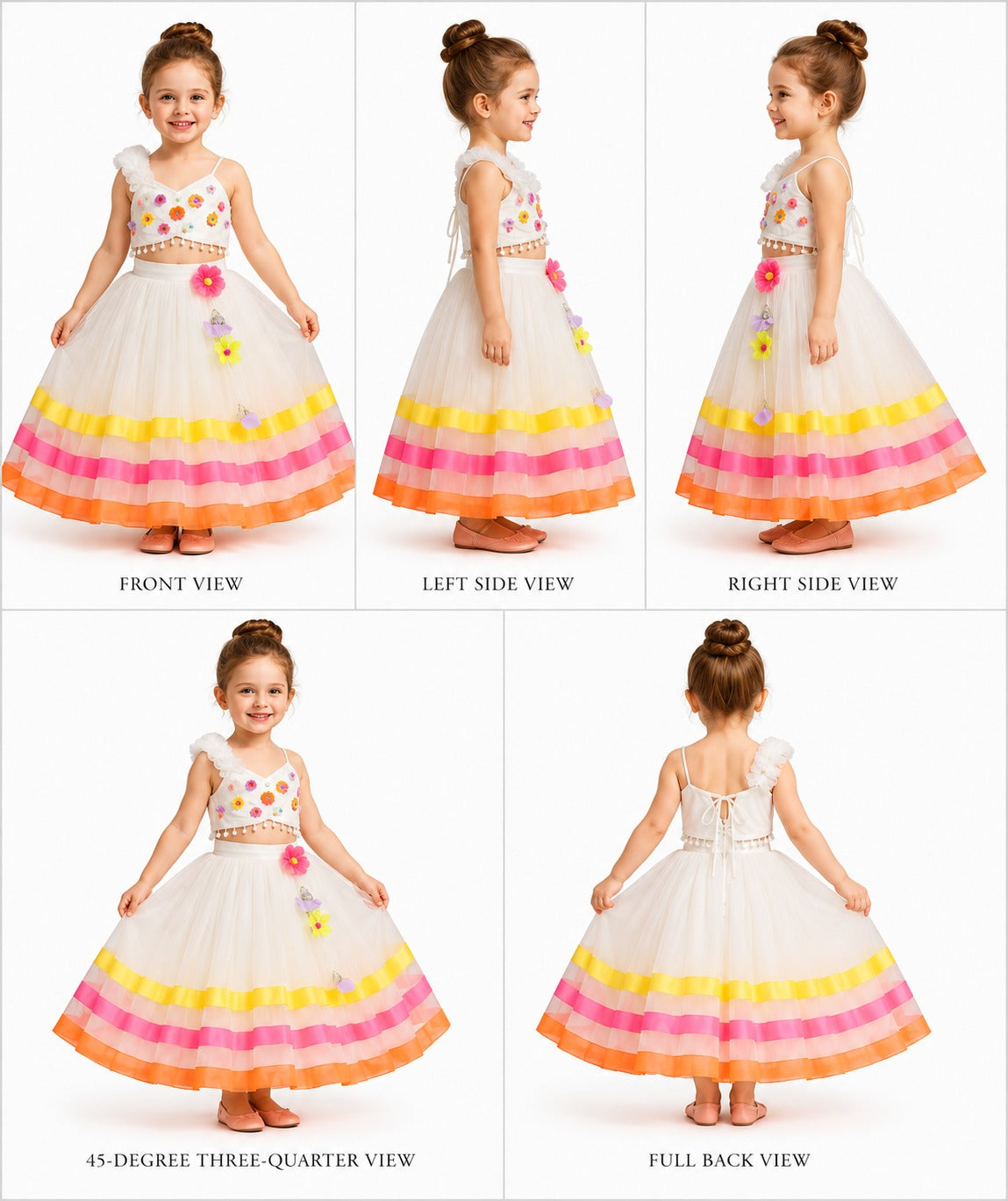 Pre Order: Spaghetti Straps Top And Fabric Flower Tassels Enhanced Lehenga With Dual Tone Stylish Dupatta