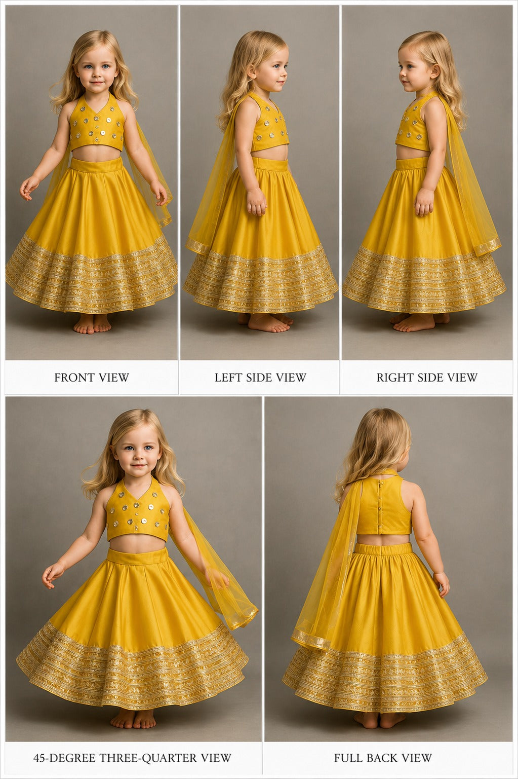 Pre Order: Open Back Halter Neck Mustard Yellow Top And Flared Lehenga With Gota Lace Detail Dupatta
