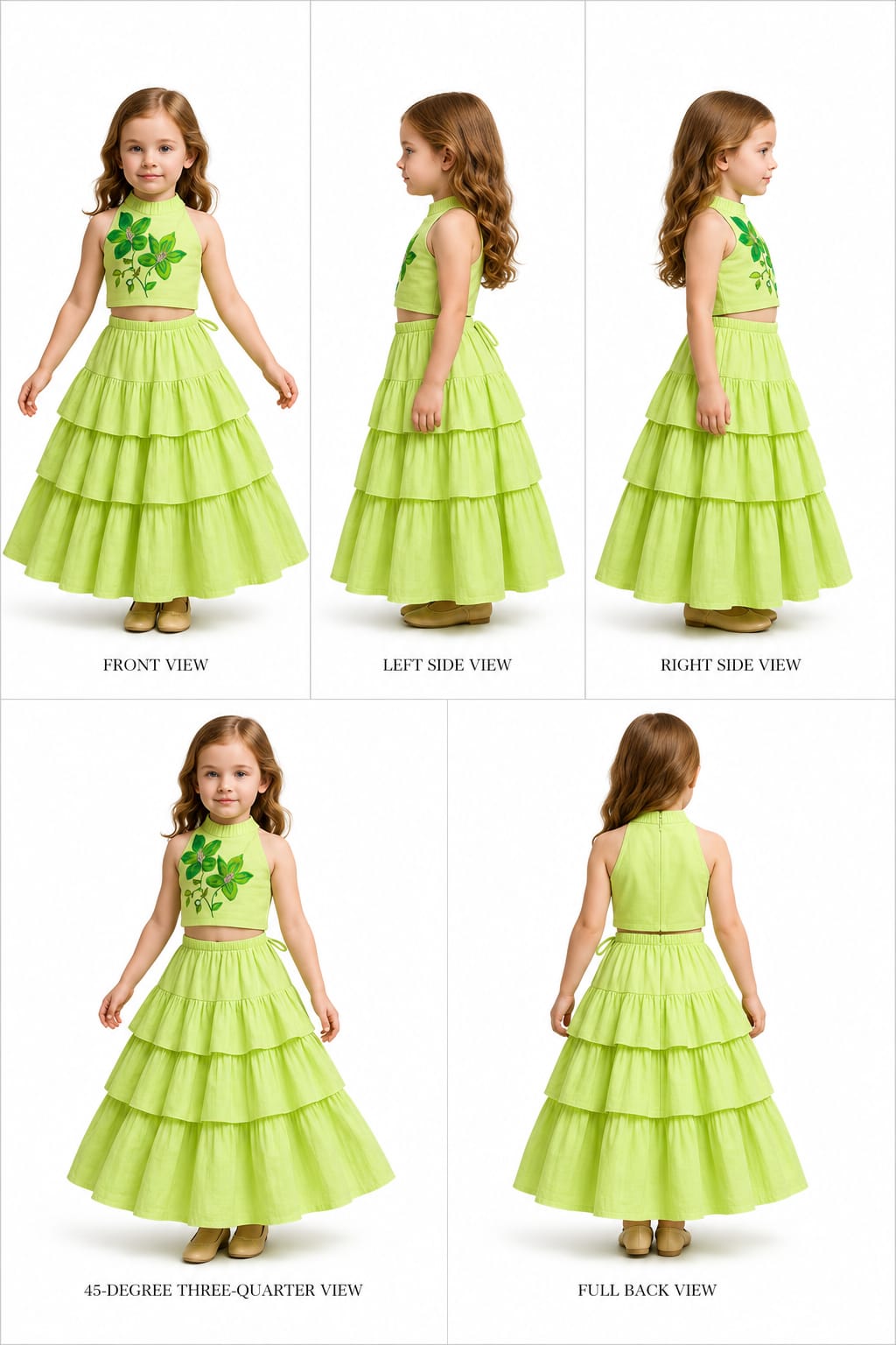 Pre Order: Floral Thread Embroidered Pleated Neck Top With Ruffle Layered Lehenga
