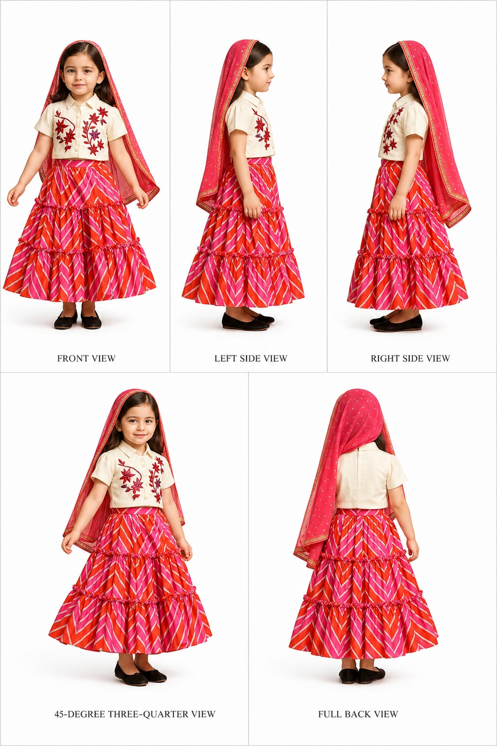 Pre Order: Front Open Off White Top And Chevron Printed Multicolour Lehenga