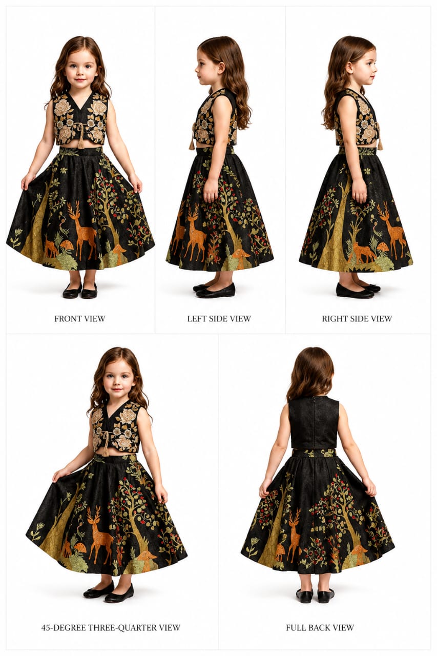 Pre Order: Printed Crop Top With Embroidered Jacket And Lehenga