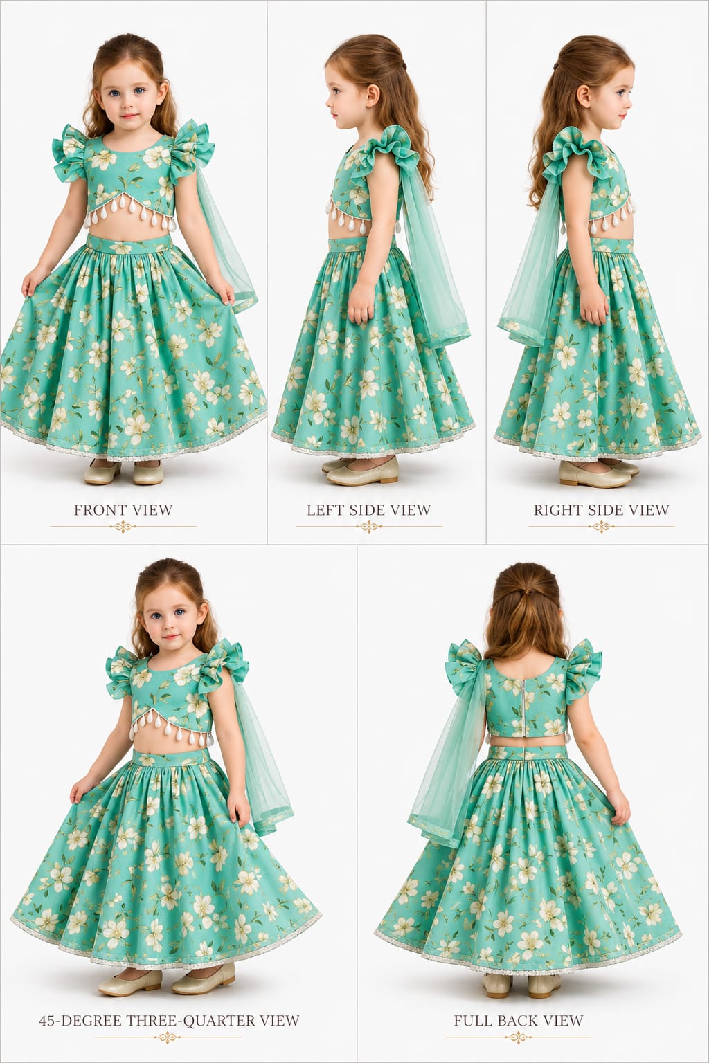 Pre Order: Stylish Hem Green Top And Lehenga With Matching Net Dupatta