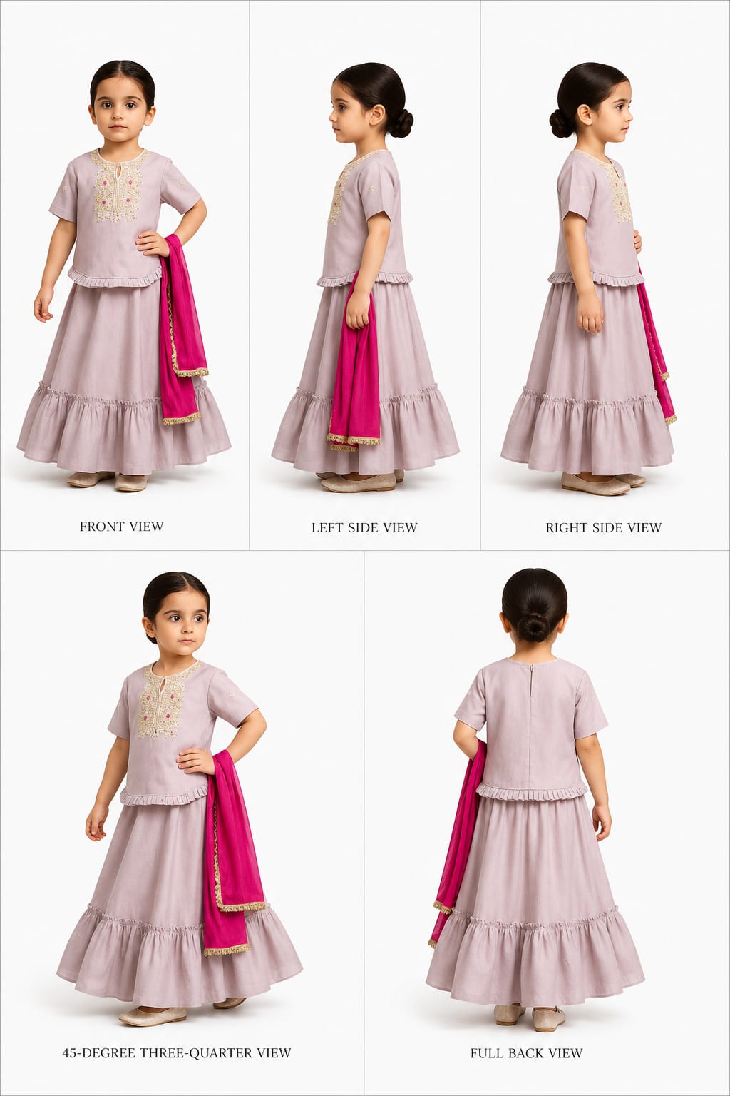 Pre Order: Curved Hem Lilac Top And Lehenga With Pink Organza Dupatta