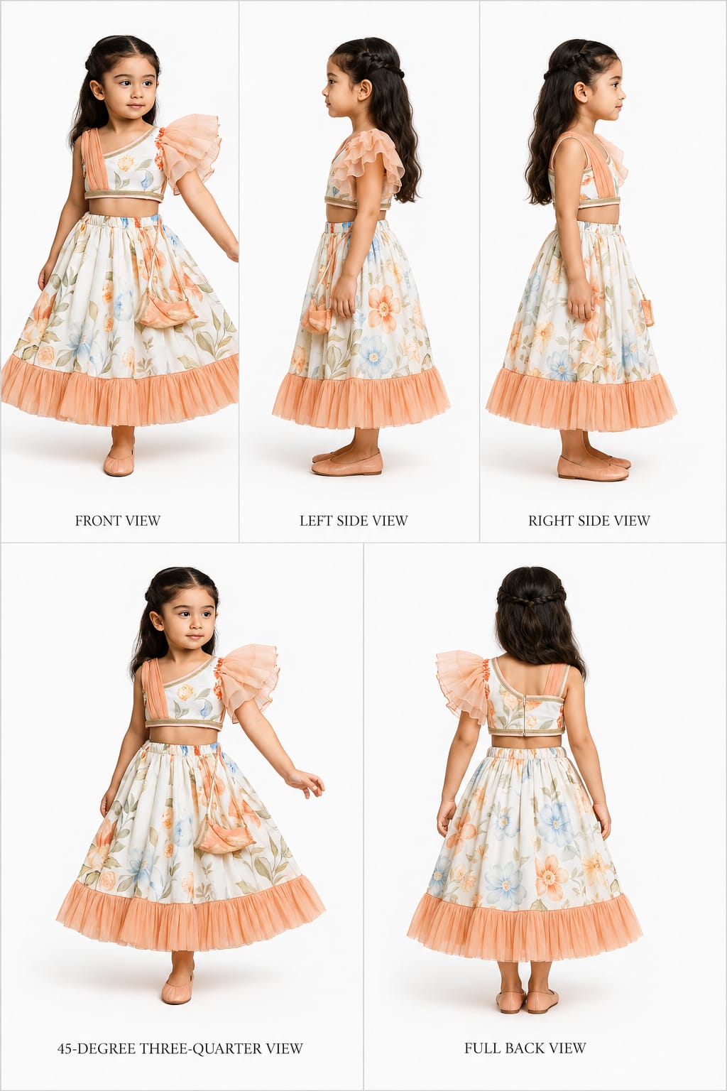 Pre Order: Floral Printed One Shoulder Top And Lehenga With Attached Dupatta