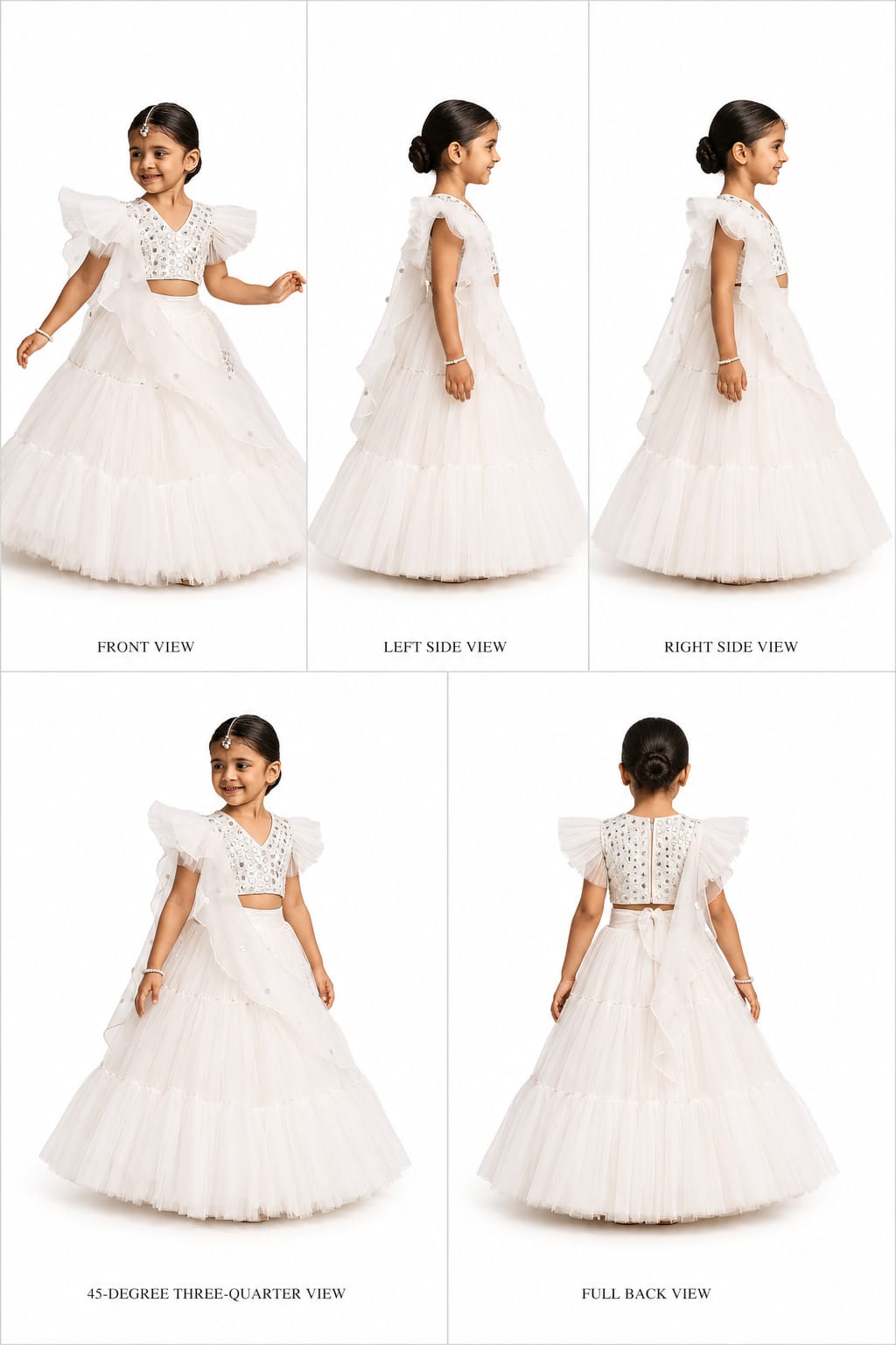Pre Order: V Neck White Beaded Top And Pearly Tassels Enhanced Tiered Lehenga With Organza Dupatta