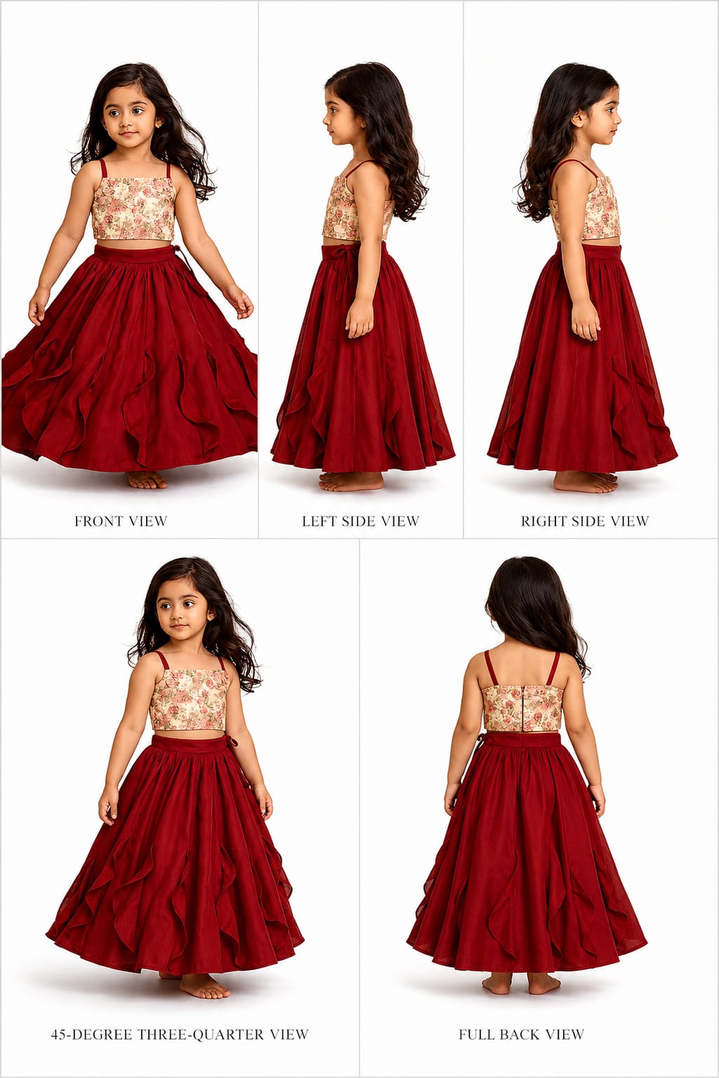 Pre Order: Floral Printed Top And Stylish Pleated Maroon Lehenga