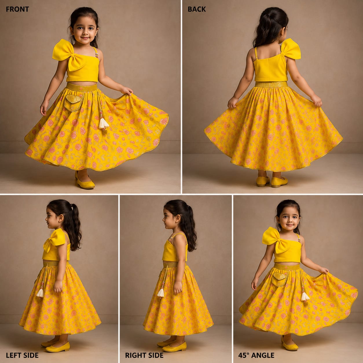 Pre Order: Big Bow Top And Yellow Printed Lehenga With Dupatta