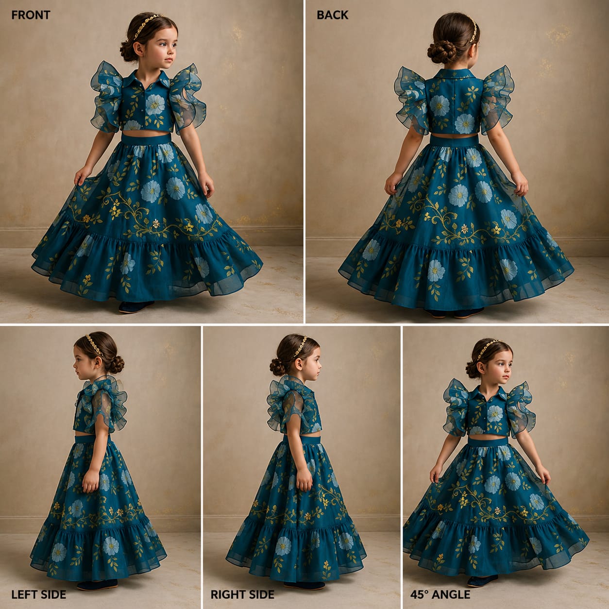 Pre Order: Floral Printed Frill Top And Frill Lehenga
