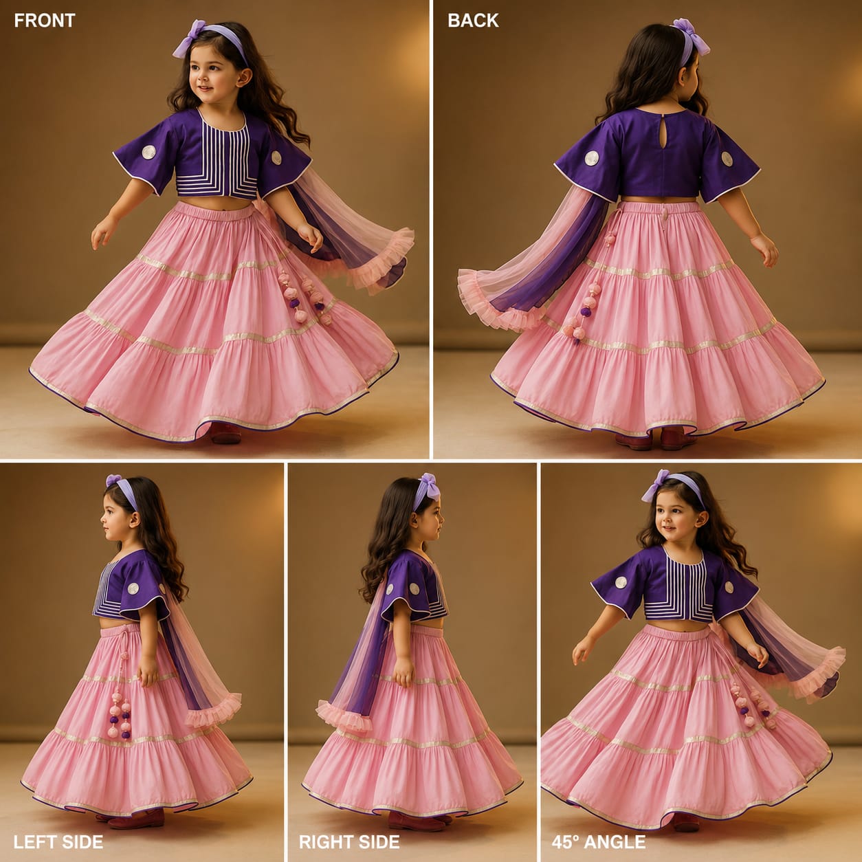 Pre Order: Purple Gota Work Top And Lehenga With Dupatta