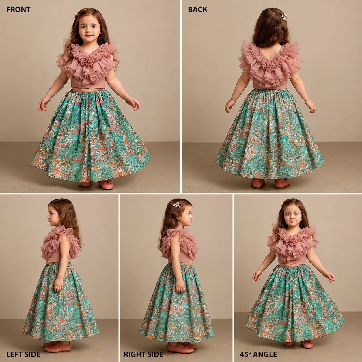 Pre Order: Peach Frilly Top And Printed Lehenga