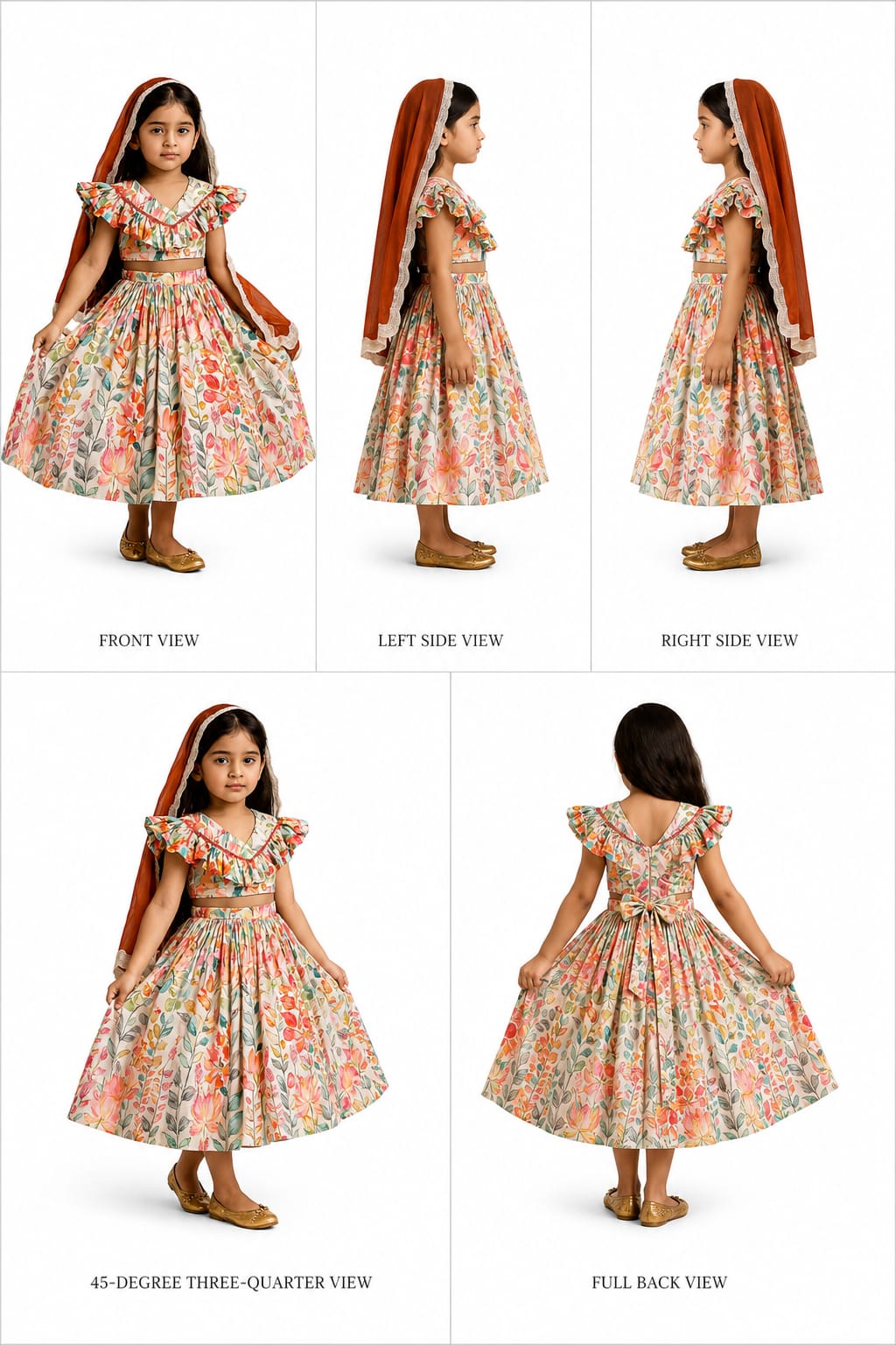 Pre Order: Multicolour Floral Printed Cape Top And Flared Lehenga With Net Dupatta