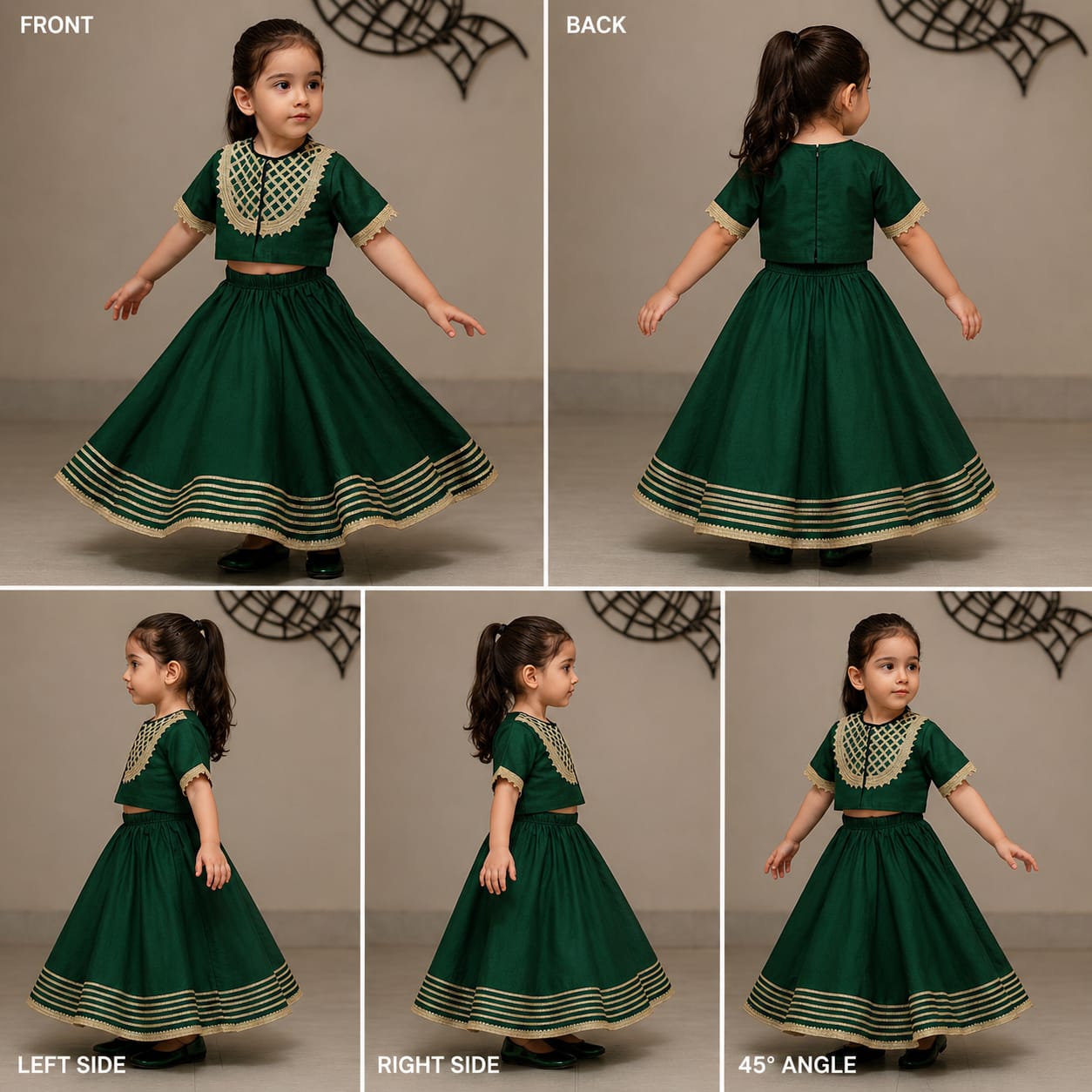 Pre Order: Round Neck Front Open Green Top And Gota Lace Detailed Lehenga With Fringed Yellow Dupatta