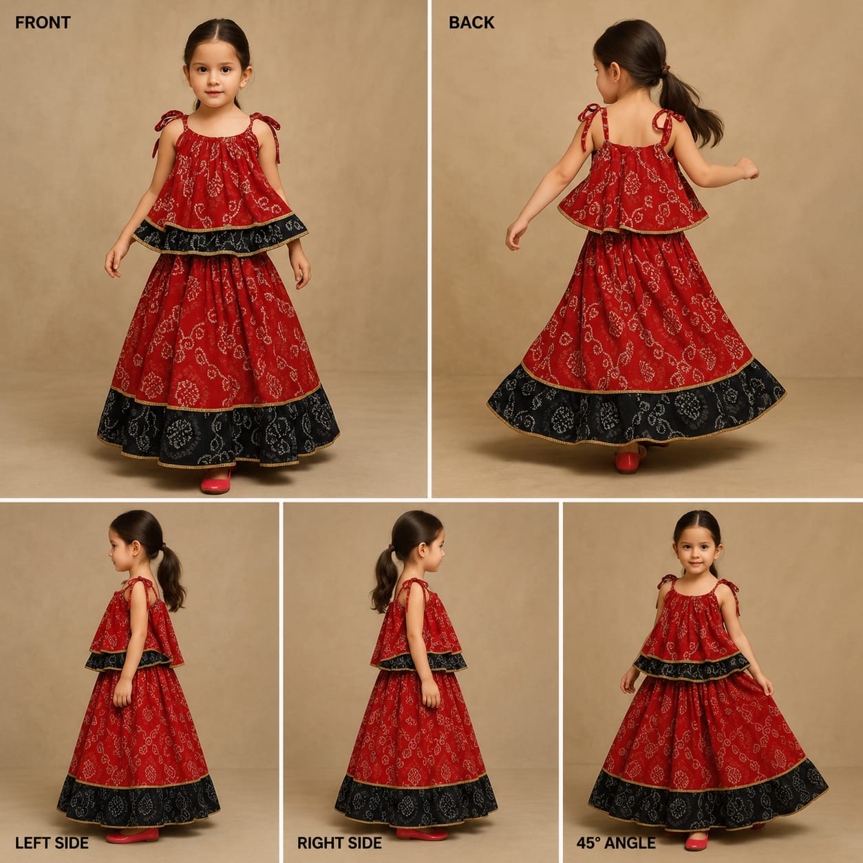 Pre Order: Bandhani Printed Red And Black Layered Top With Lehenga