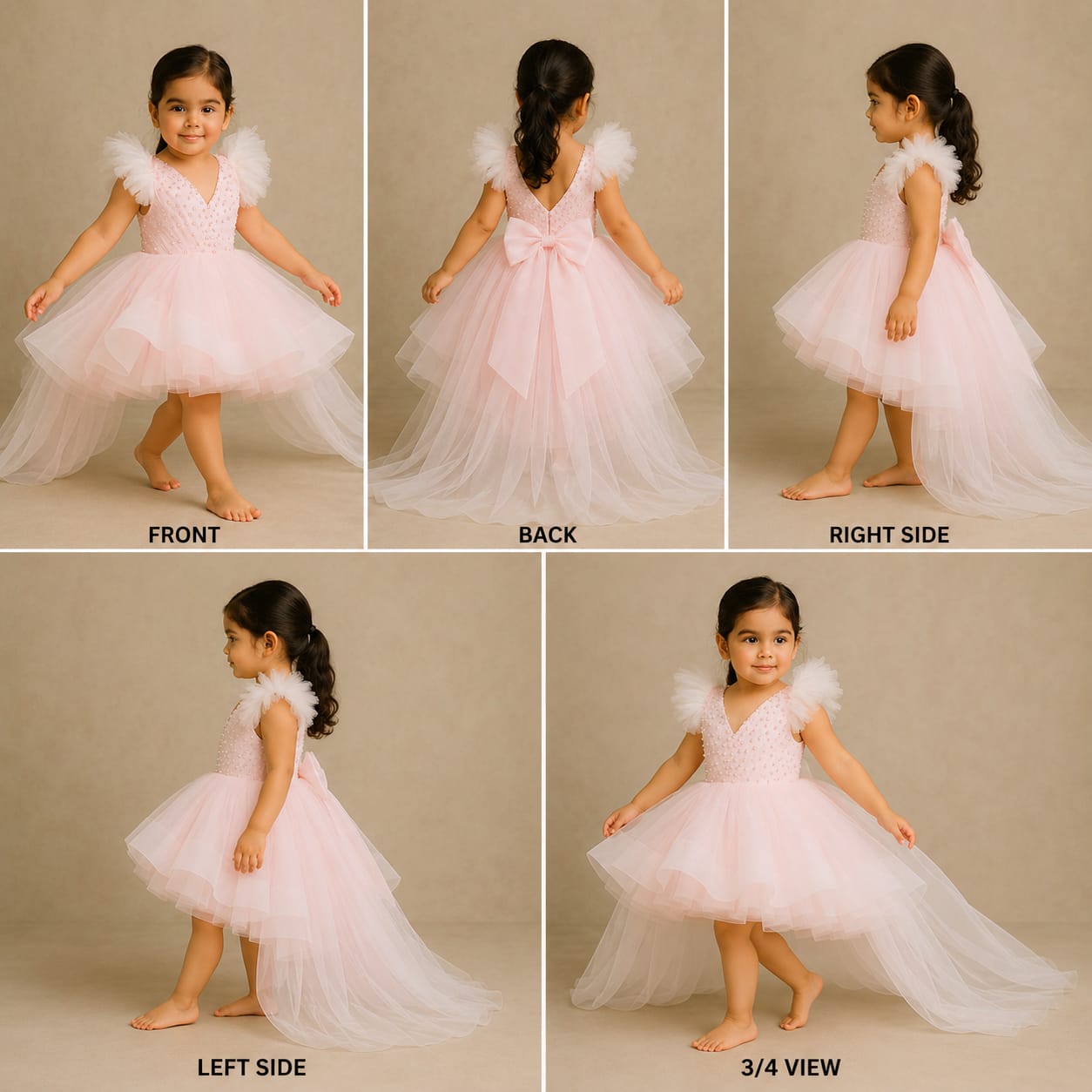 Pre Order: Pleated Yoke Cut-Out Back Pink Dress With Detachable Trail And Matching Headband