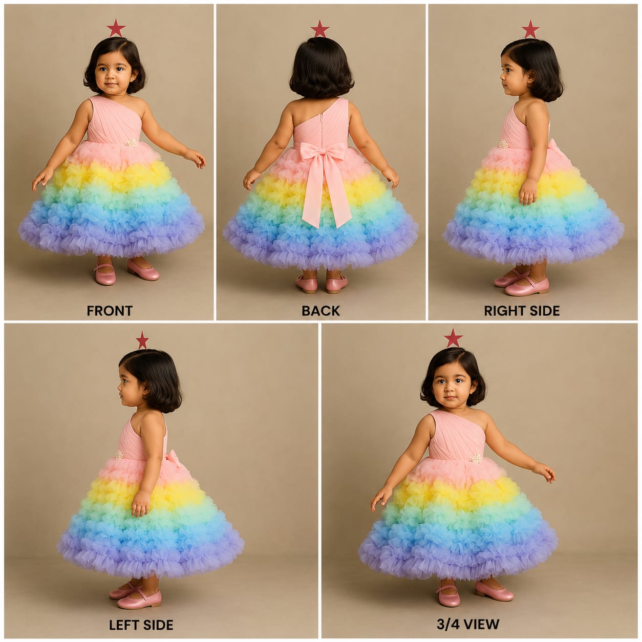 One Shoulder Pearl Embellished Multicoloured Ruffle Gown