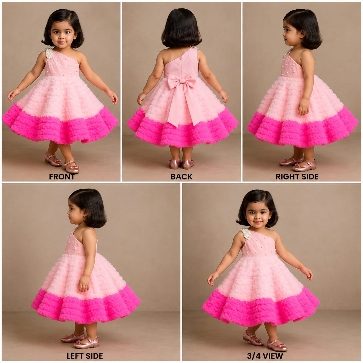 Pink One Shoulder Pearly Ruffled Gown With Attached Drape