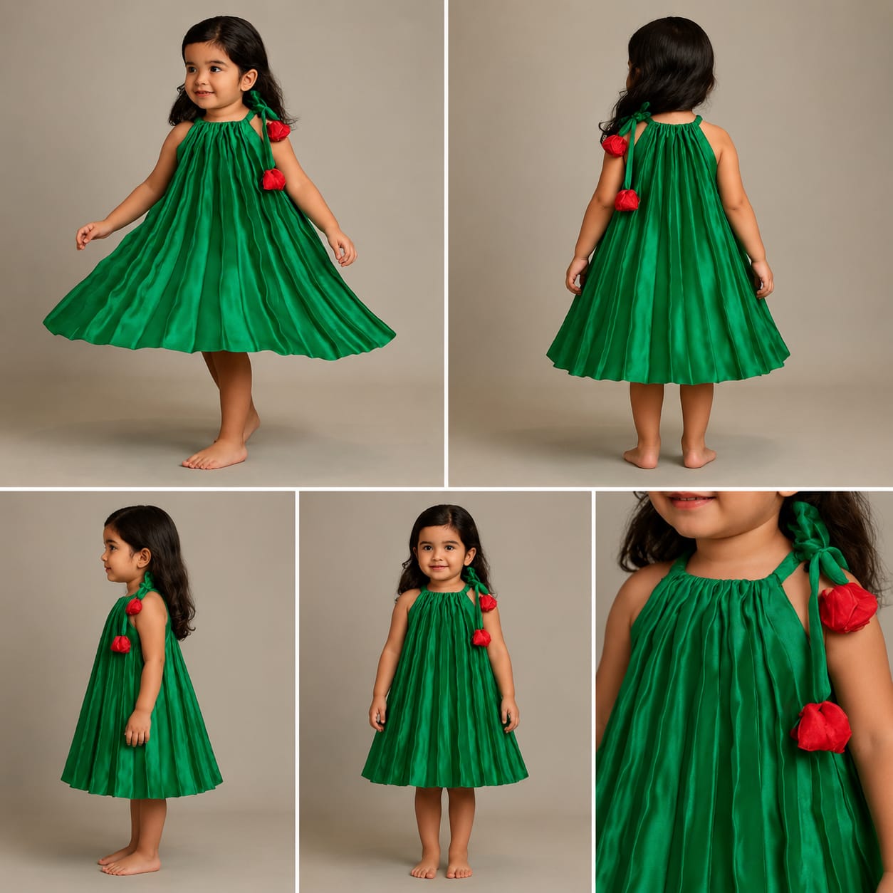 Pre Order: Sheen Green Satin Pleated Dress With Red Floral Tie-Up Detail