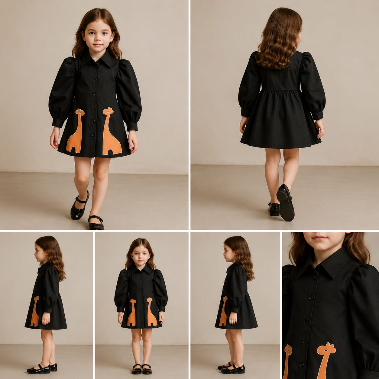 Pre Order: Giraffe Embroidered Black Collared Neck Dress Dress