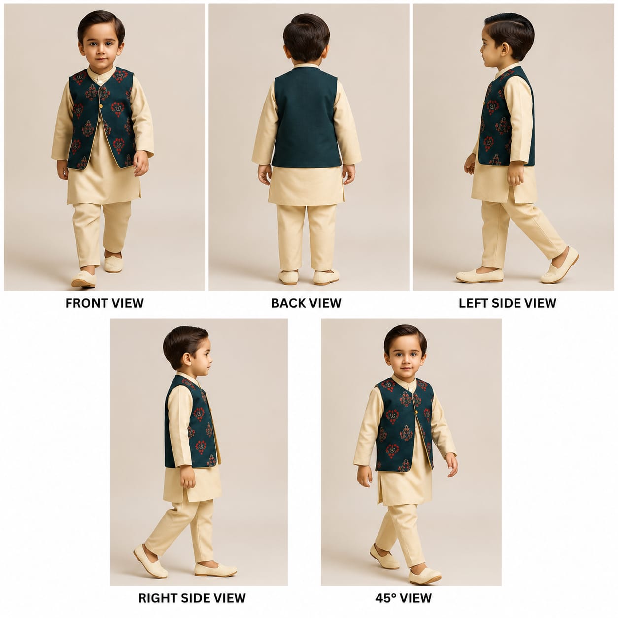Pre Order: Beige Kurta With Printed Jacket And Pyjama