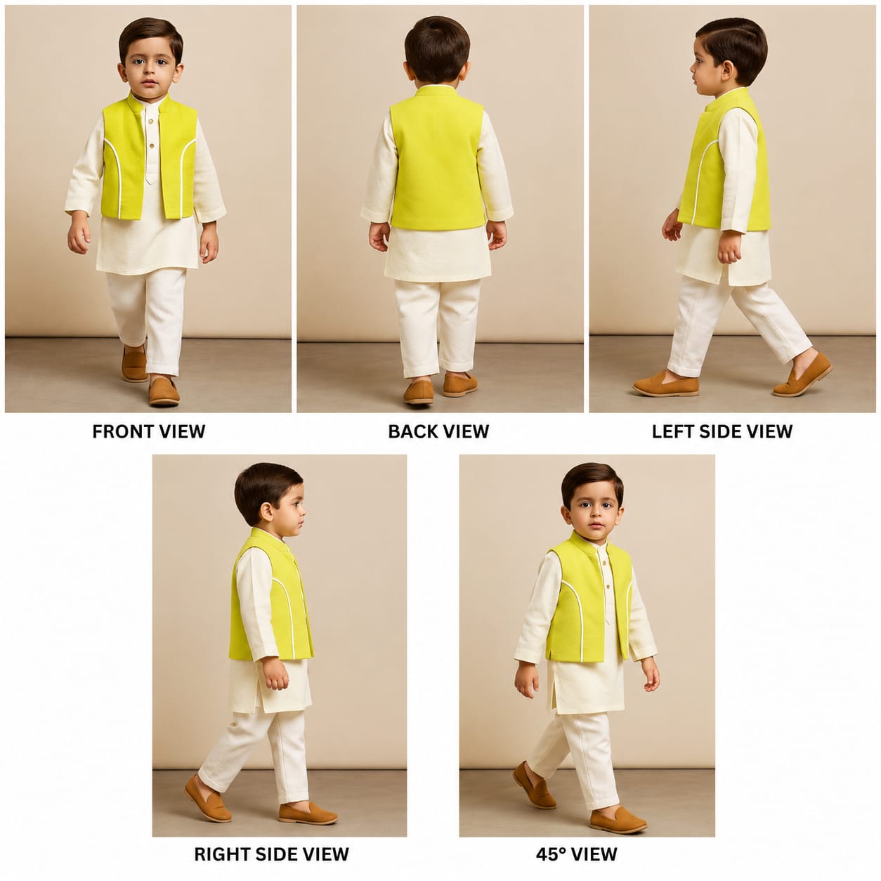 Pre Order: Cotton Cream Kurta With Green Jacket And Pocket Detail Pyjama