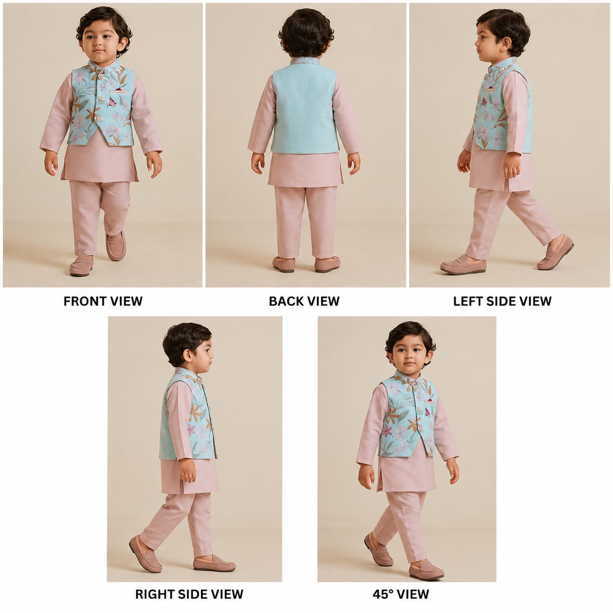 Pre Order: Blue Floral Printed Jacket With Pink Kurta And Pyjama