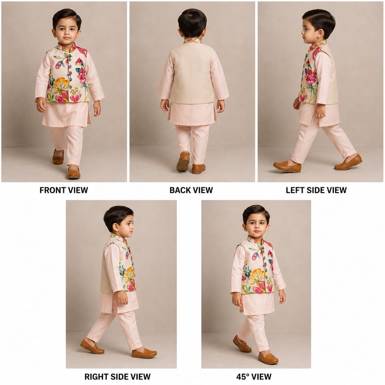 Pre Order: Peach Kurta With Front Printed Jacket And Pyjama