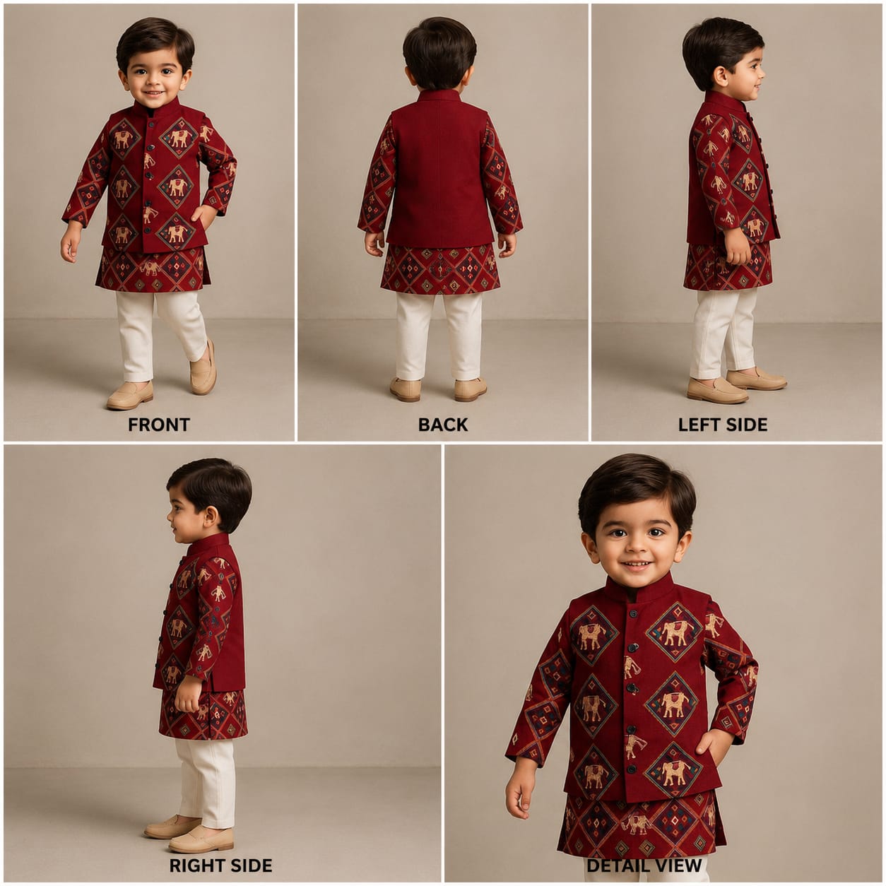 Pre Order: Wine Patola Printed Kurta With Front Open Jacket And Pyjama