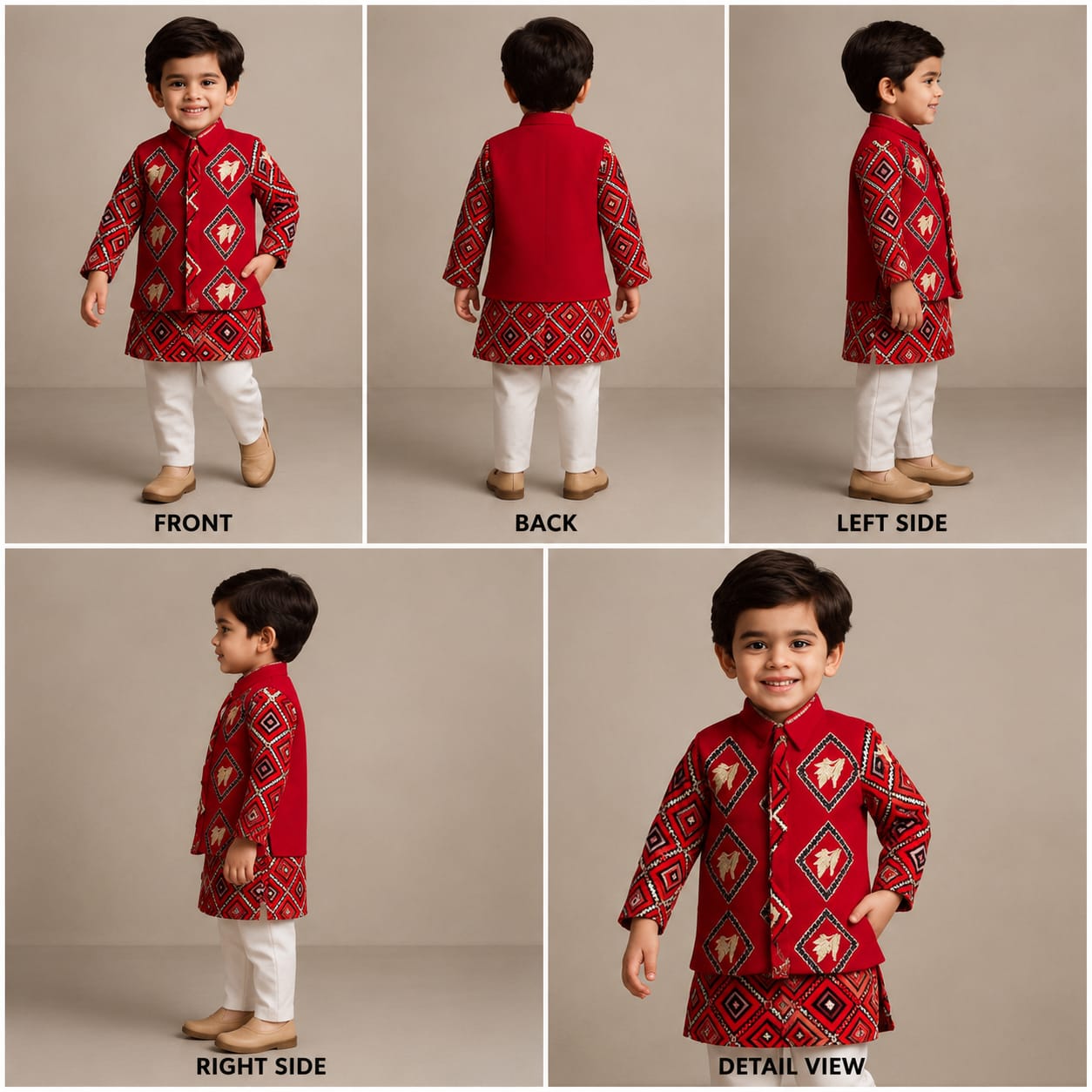 Pre Order: Red Patola Printed Kurta With Front Open Jacket And Pyjama