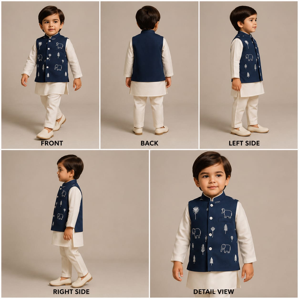 Pre Order: Cream Kurta With Blue Embroidered Jacket And Pyjama