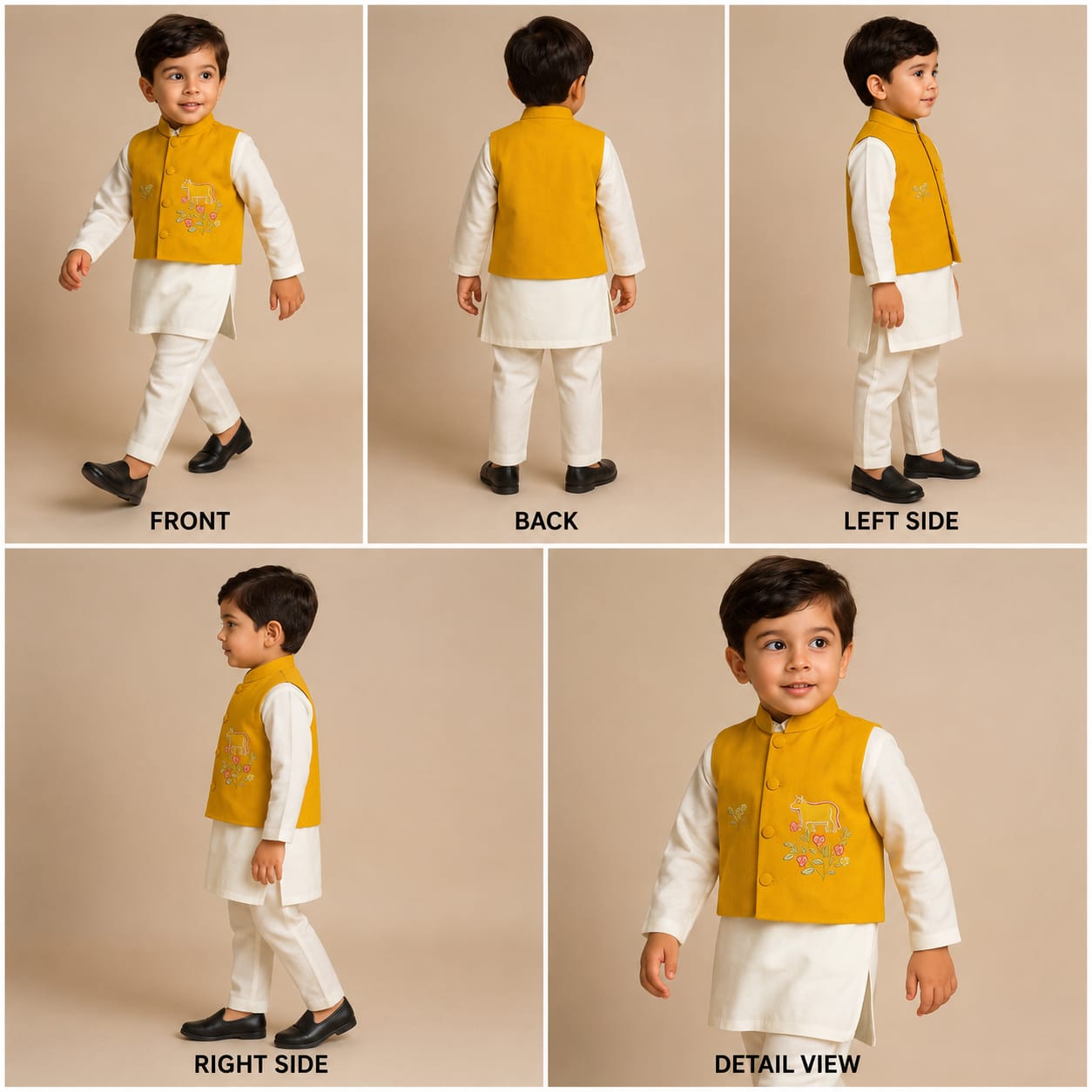Pre Order: Mandarin Collar Off White Kurta With Holographic Lace Enhanced Jacket And Pyjama