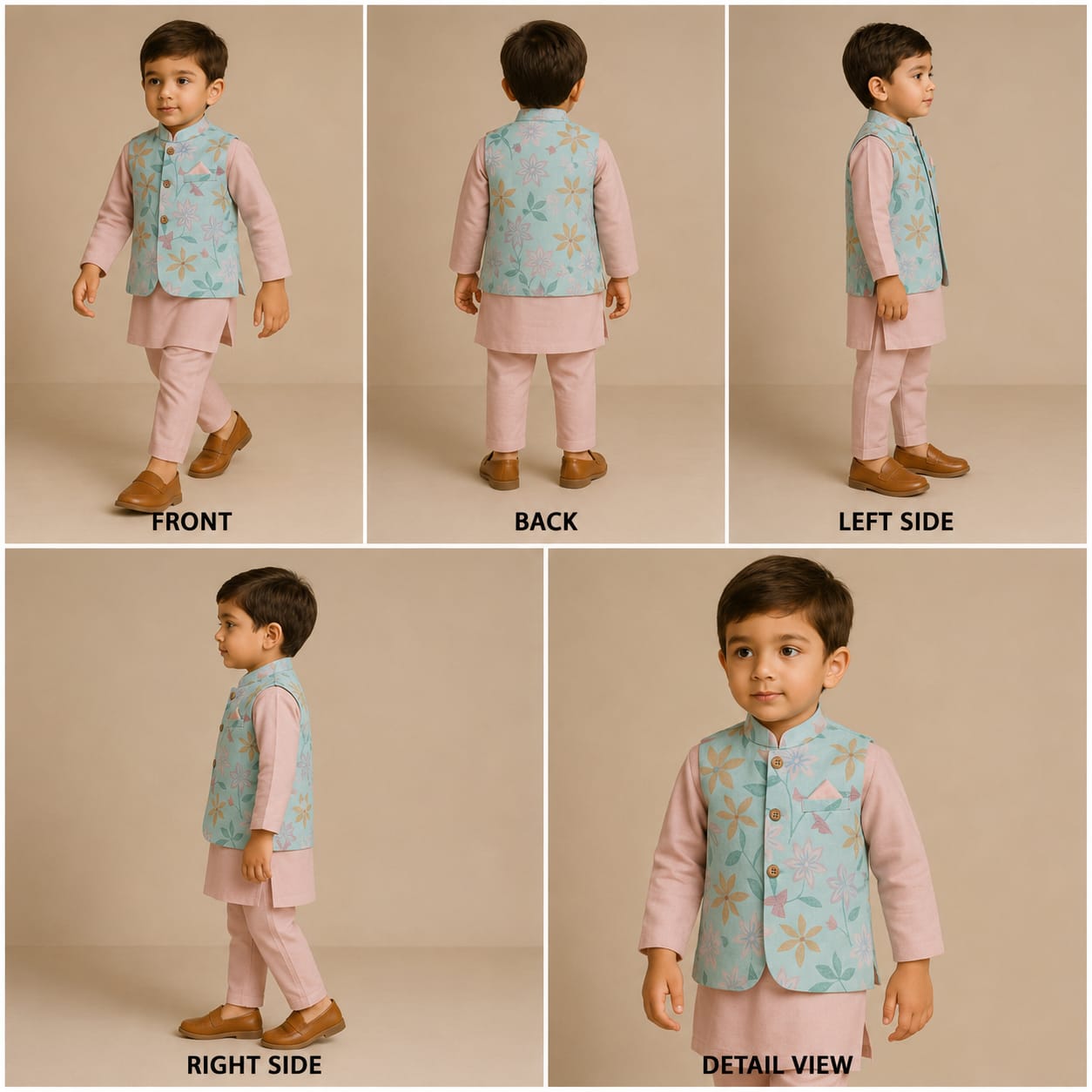 Pre Order: Blue Floral Printed Jacket With Pink Kurta And Pyjama