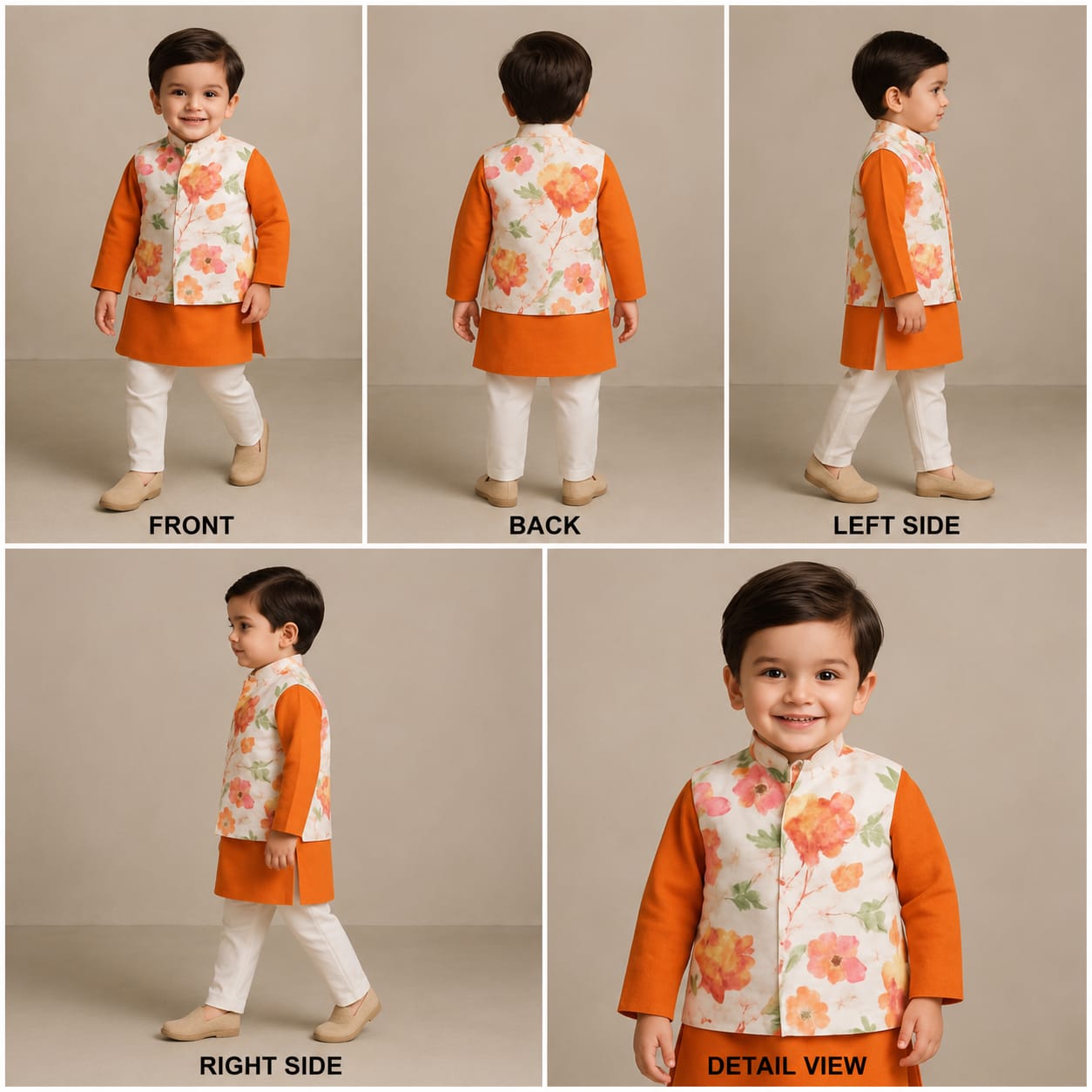 Pre Order: Orange Kurta And Floral Printed Jacket With Pyjama