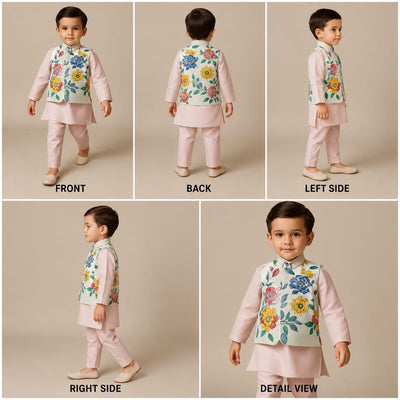 RTD Pre Order: Pink Kurta With Floral Printed Jacket And Pyjama