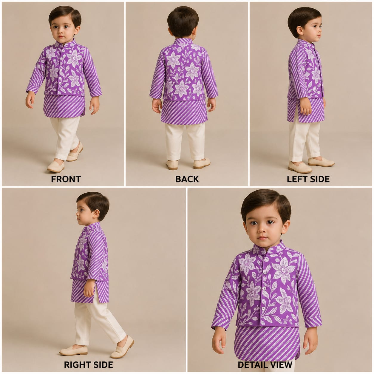 Pre Order: Purple Striped Kurta And Floral Printed Jacket With Pyjama