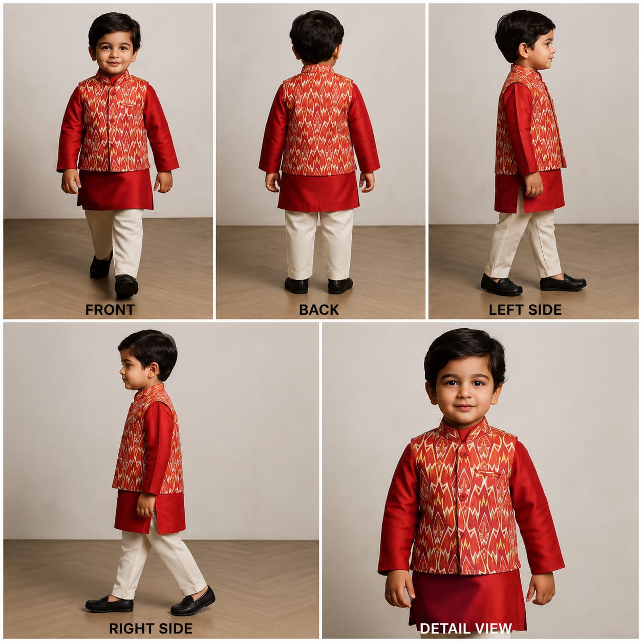 Pre Order: Red Kurta With Ikkat Printed Jacket And Pyjama