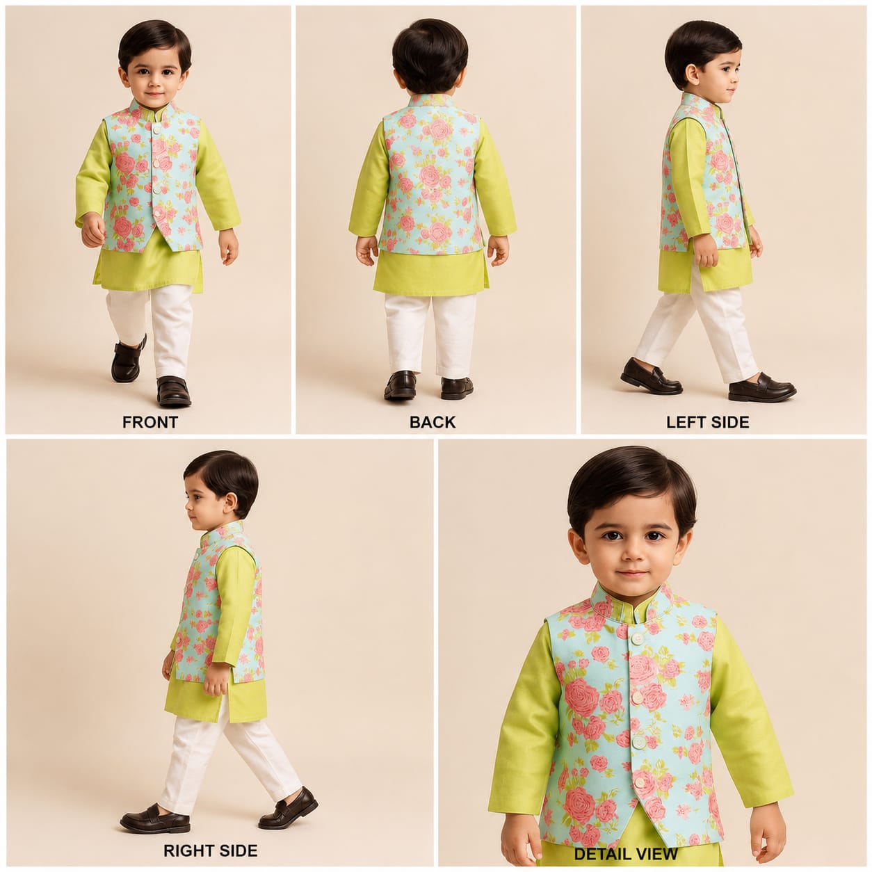 Pre Order: Green Pin Tuck Ethnic Kurta With Floral Jacket And Pyjama