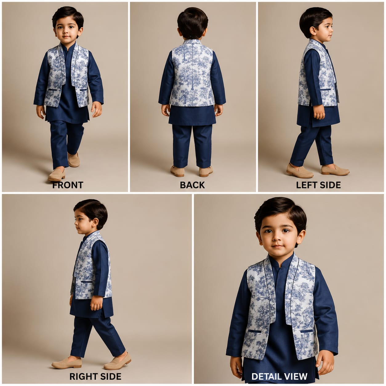 Pre Order: Blue Kurta With Printed Jacket And Pyjama