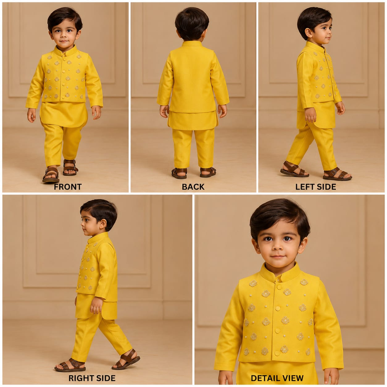 Pre Order: Collar-Neck Mustard Kurta With Embroidered Jacket And Pyjama