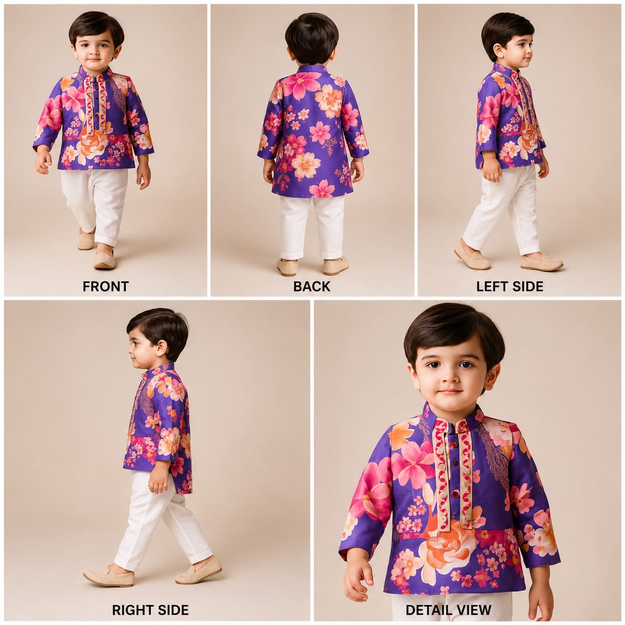 Pre Order: Purple Printed Kurta With Jacket And Pyjama